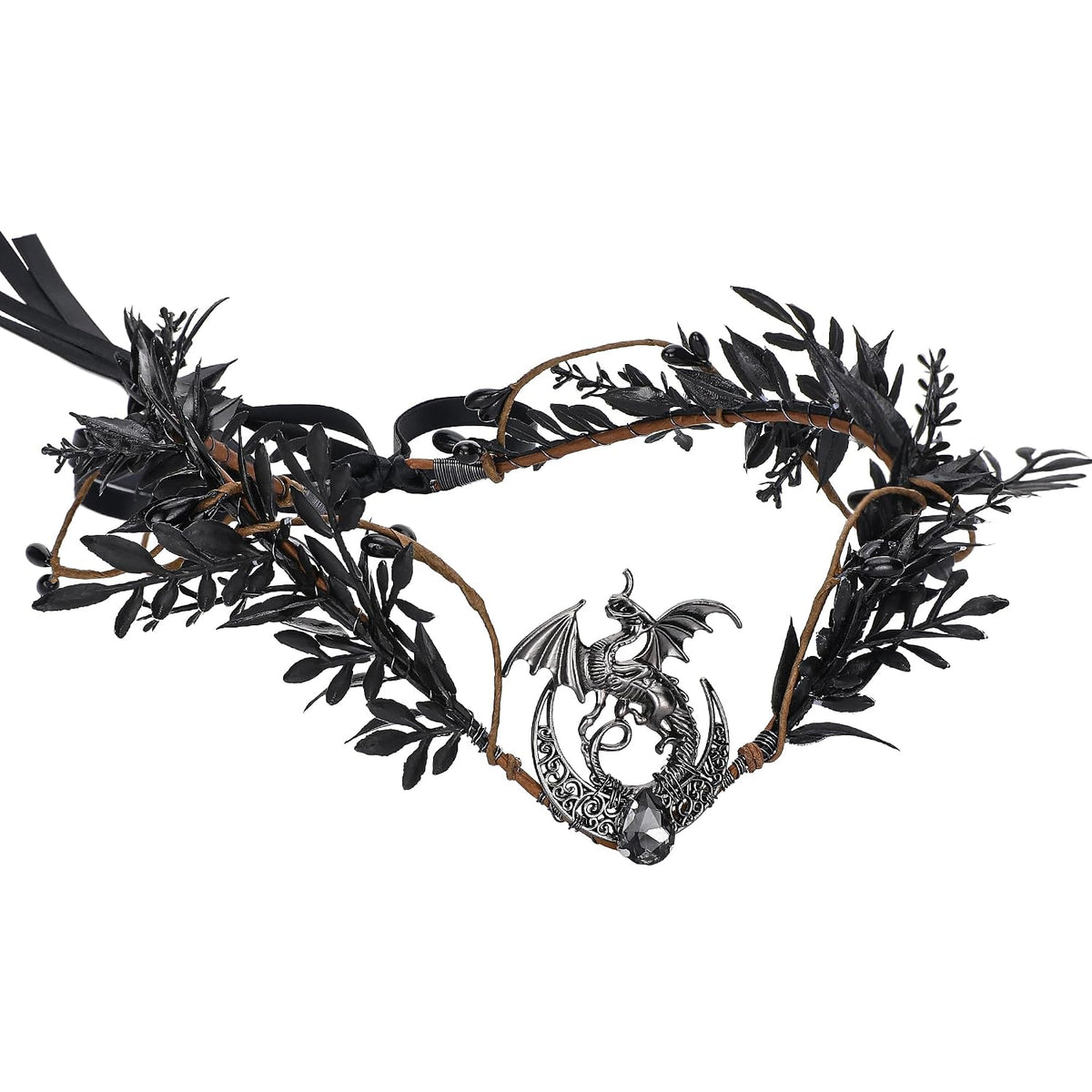 Renaissance Black Dragon Elf Fairy Crown - Moon V-shape Headpiece with Crystal Elven Gothic Dark Leaf Tiara Woodland Witch Headband Women Men Cosplay Wedding Accessories