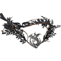 Renaissance Black Dragon Elf Fairy Crown - Moon V-shape Headpiece with Crystal Elven Gothic Dark Leaf Tiara Woodland Witch Headband Women Men Cosplay Wedding Accessories