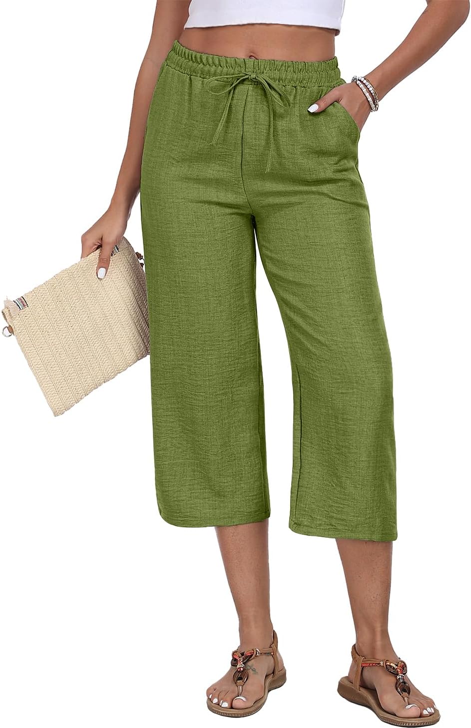 Womens Capri Pants Summer Elastic Waist Casual Business Pants Loose Work Lounge Trousers with Pockets