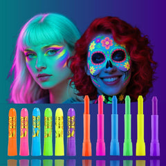 Glow In The Dark Body Paint, 12 PCS Glow In The Dark Under UV Black Light Sticks Makeup Neon Face Painting Kits For Adult Halloween Festival Accessory Glow Party Supplies