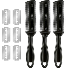 3 Pieces Hair Cutting Comb Set with 10 Razors, Double Edge Razor, Thinning Comb for Slim Haircuts (Green, Purple, Pink)