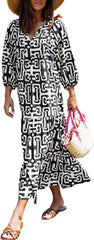 miduo Womens Loose Fit Casual Summer V Neck Half Sleeve Bohemian Geometric Pattern Maxi Long Dresses