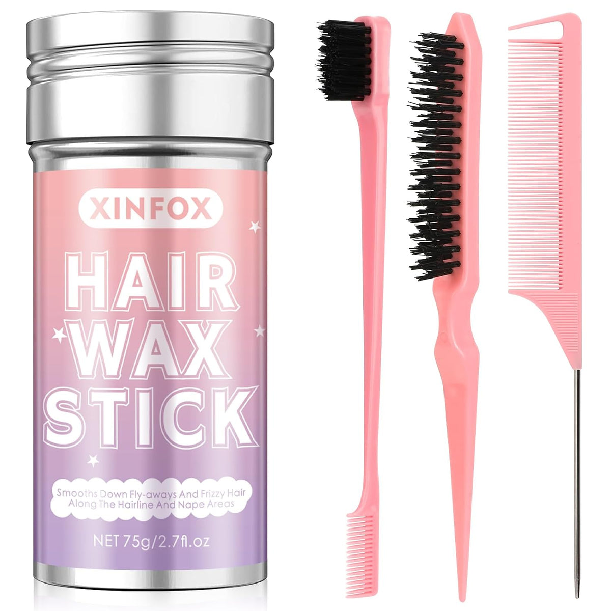 Hair Wax Stick, Slick Back Hair Brush, Wax Stick for Flyaways, Rat Tail Comb Edge Brush Styling Tool Set Accessories for Women Girls(Pink)