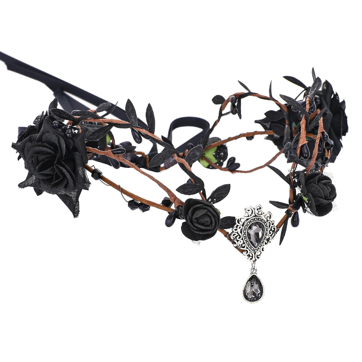 Renaissance Black Fairy Flower Crown - Handmade Elf Floral Headpiece with Crystal Gothic Elven Headpiece Woodland Tiara for Women Girls Mardi Gras Cosplay Carnival Photoshoot Accessories