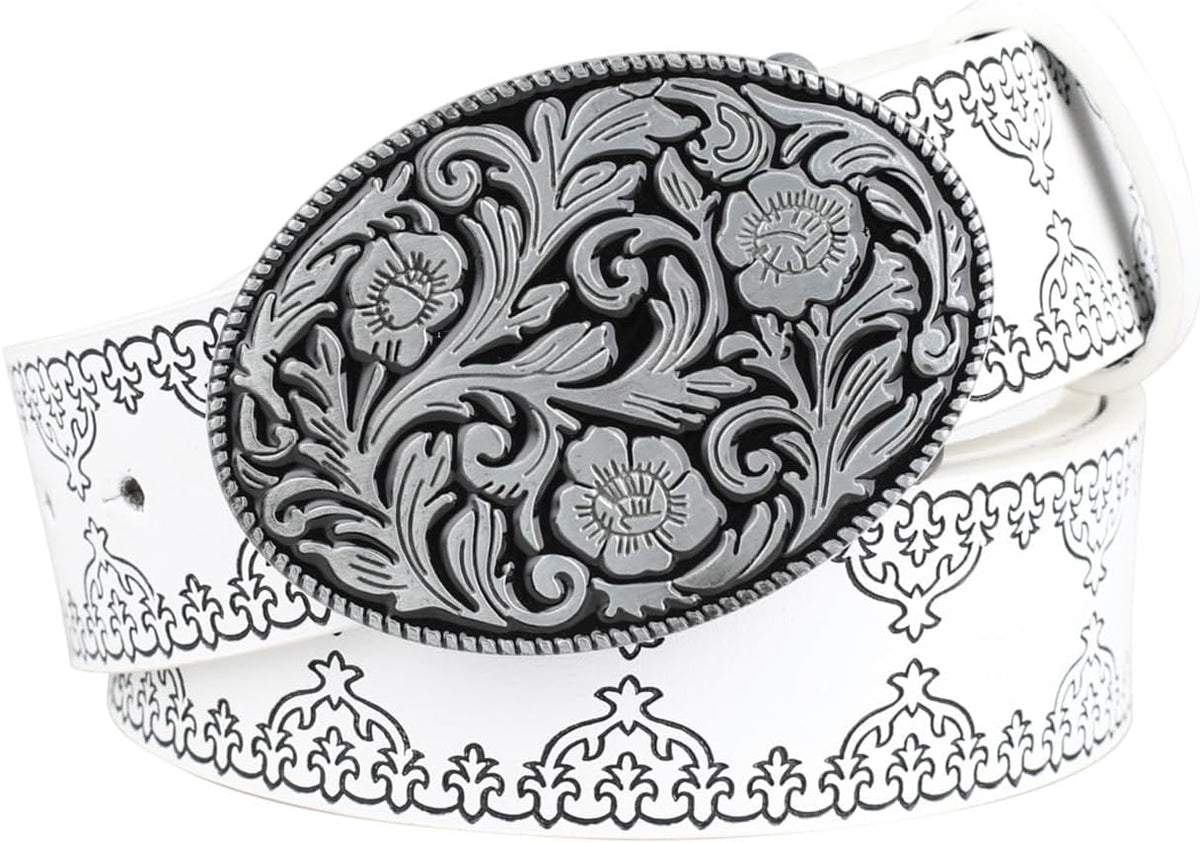 Western Cowboy Belts for Men Women, Country Cowgirl Belt Engraved Buckle Embossed Belt for Jeans Rodeo