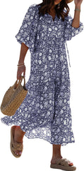 miduo Womens Loose Fit Casual Summer V Neck Half Sleeve Bohemian Geometric Pattern Maxi Long Dresses