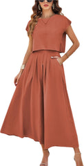 HangNiFang Summer Skirt Sets Women 2 Piece Outfits Cap Sleeve Top Elastic Waist Lightweight Maxi Dress Sets with Pockets