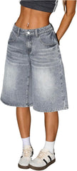WDIRARA Women's Low Rise Baggy Denim Shorts Wide Leg Bermuda Jean Shorts