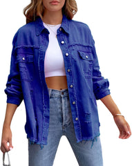 MBMSHEGH Women's Ripped Distressed Denim Jacket Long Sleeve Button Down Boyfriend Jean Coat Trucker Jacket