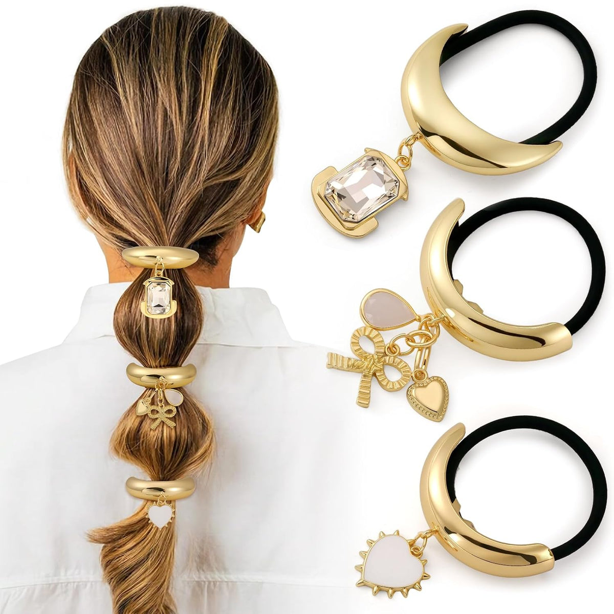 3PCS Gold Hair Ties, Metal Hair Ties for Thick Hair, Elegant Durable Geometric Design, Gold Hair Accessories Stretchy and Non-Damage Ponytail Cuff Holders, 3 Styles in Box Holiday Gifts