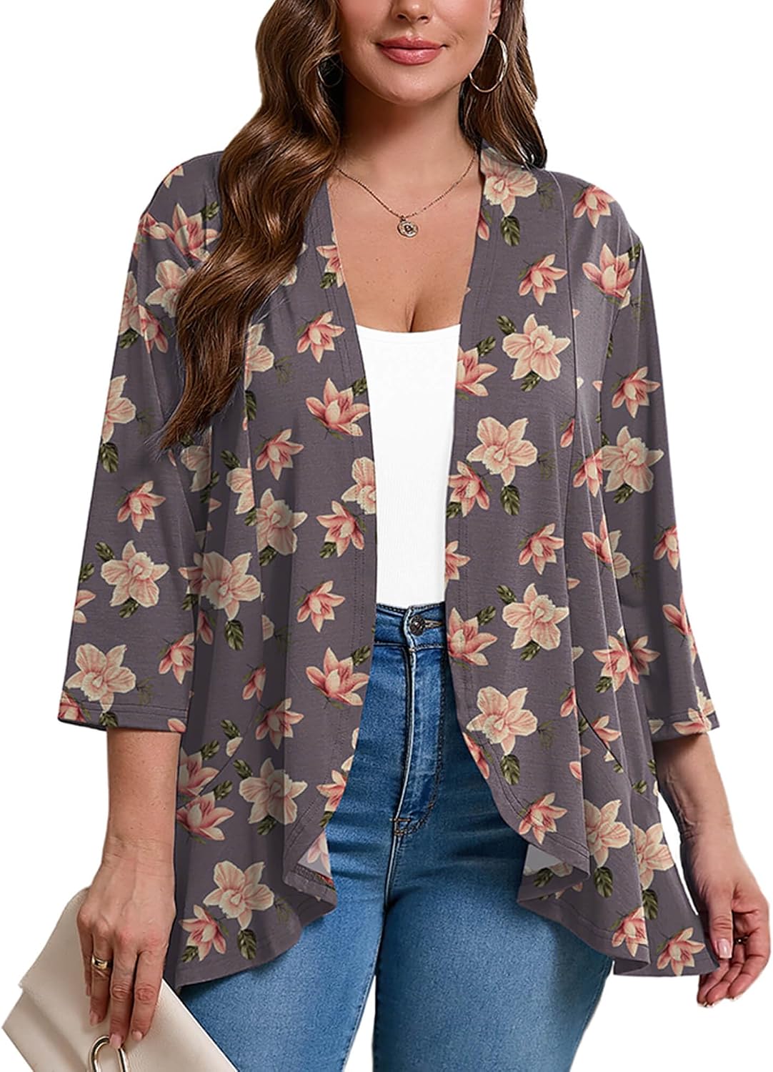 AusLook Women's Plus Size 3/4 Sleeves Lightweight Open Front Cardigan Draped Ruffles Shawls and Wraps Shrugs Kimono Jacket