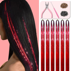 Red Hair Tinsel Kit 48 Inches 1200 Strands with Tools and Instruction Easy to Install Fairy Glitter Tinsel Hair Extensions for Women and Girls，Shinny Sparkling Braiding Hair Accessories for Party