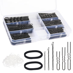 402pcs Bobby Pins U Hair Pins Set, 150pcs Wavy Bobby Pins 150pcs Hair Pins and 102pcs Hair Bands, U Pins for Hair Buns Women and Girls All Hair Types 2inch 2.4inch 2.75inch, Black