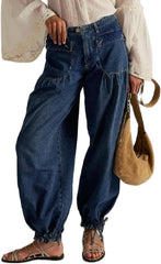 Women Baggy Cargo Jeans Mid Waist Wide Leg Ruffle Drawstring Parachute Denim Pants Vintage Sweatpants Pockets