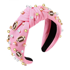 Football Headband Pearl Rhinestone Jeweled Knotted Headband Fun Sports White Hot Pink Black Blue Football Embellished Wide Top Knot Hairband Headpiece Game Day Sports Hair Accessories Gift for