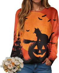 Halloween Sweatshirts for Women 2025 Black Cat on Pumpkin Sweatshirt Fall Pumpkin Face Tee Lightweight Pullover Tops