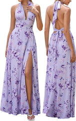 XinFSh Women's Halter V Neck Wedding Guest Maxi Dress Sexy High Slit Bow Tie Beach Vacation Long Formal Dresses