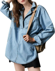 Women's Denim Shirts Long Sleeve Button V Neck Blouse Casual Loose Fit Pullover Tops Comfy Jean Jacket with Pocket