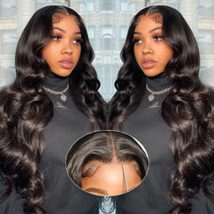 Wear and Go Glueless Wigs Human Hair Pre Cut HD Lace 5X5 Body Wave Lace Wigs Human Hair Pre Plucked 180% Density 3 Seconds to Wear Glueless Wigs for Beginners 28 Inch, Black