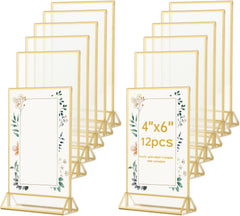 12 Pack Gold Acrylic Sign Holder 5 x 7 inch, Double Sided Gold Picture Frame Stand up Table Top Sign Holders, Wedding Table Number Frames Vertical for Party, Home, Office(5 x 7inch)