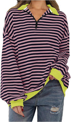 Oversized Sweatshirt for Women Casual Half Zip Striped Pullover Color Block Long Sleeve Sweatshirts Fall Clothes