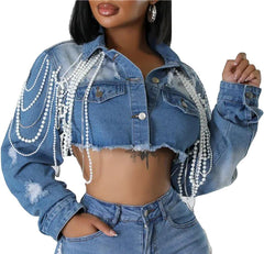 Seltaon Womens Cropped Denim Jacket Button Down Long Sleeve Blue Jean Jackets Coat Trendy Plus Size