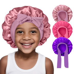 3 Pcs Kids Silk Bonnet for Sleeping - Baby Satin Bonnet for Sleeping,Kids Hair Bonnets for Curly Hair Girls Boys with Wide Elastic Band,Sleep Cap for Teens Toddler Child (Peacock Blue+Black+Beige)