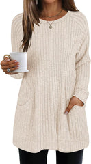 Long Sleeve Sweaters for Women Ribbed Knit Lightweight Sweater Crew Neck Loose Casual Pullover Tops with Pockets