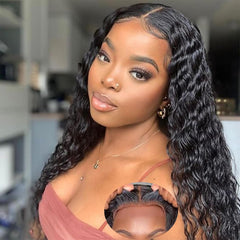 Deep Wave Curly 5x5 Hd Lace Closure Glueless wigs Human Hair Pre Plucked Pre Cut Wear and Go Lace Front Wigs for Black Women Natural Black (28 Inches)