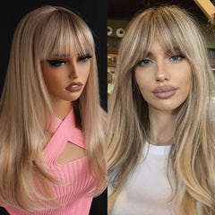Aisom Bangs Highlight Blonde Wig Straight 2x1 HD Synthetic Lace Wig for Women Glueless Lace Wig Blonde Colored Wig 16 Inch