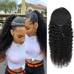 Adette Human Hair Kinky Straight Ponytails Drawstring Extension 14 Inch Kinky Straight Hair Clip in Pony Tail for Black Women