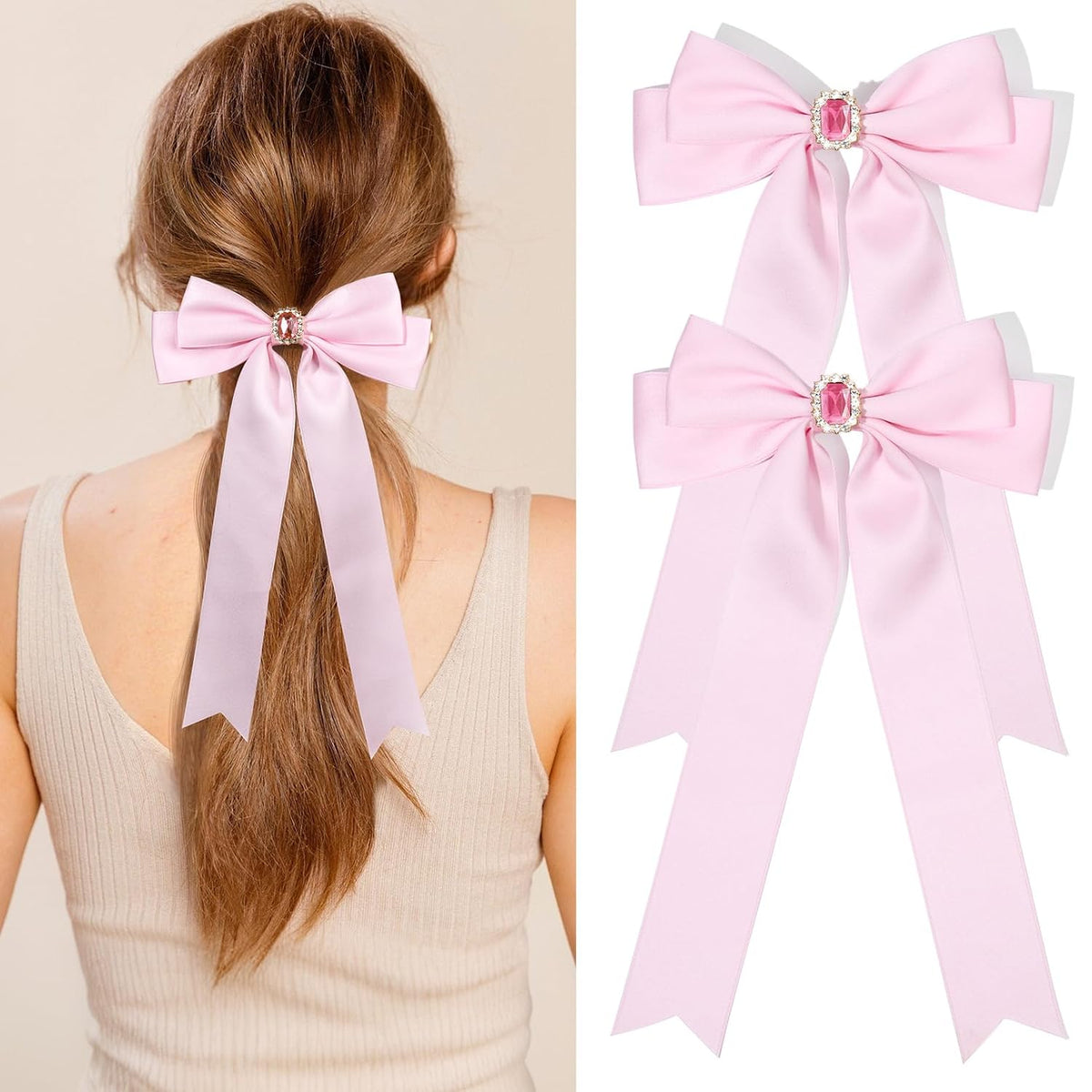 2PCS Hair Bows Hair Clip Beige Black Hair Ribbon Ponytail Holder Accessories Slides Metal Clips Hair Bow for Women Girls Toddlers Teens Kids