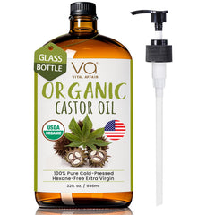 Pure Castor Oil Organic Cold Pressed Unrefined Glass Bottle-USDA Certified for Castor Oil Pack Wrap for Face,Hair Growth,Eyelashes,Eyebrows-16oz