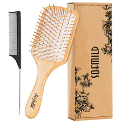 Hair Brush-Natural Wooden Bamboo Brush and Detangle Tail Comb, Paddle Hairbrush for Women Men and Kids Make Thin Long Curly Hair Health and Massage Scalp