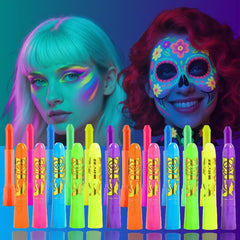 Glow In The Dark Body Paint, 12 PCS Glow In The Dark Under UV Black Light Sticks Makeup Neon Face Painting Kits For Adult Halloween Festival Accessory Glow Party Supplies
