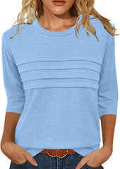 JomeDesign 3/4 Length Sleeve Womens Tops Round Neck Casual Tunic Tops Pleated Shirts Dressy