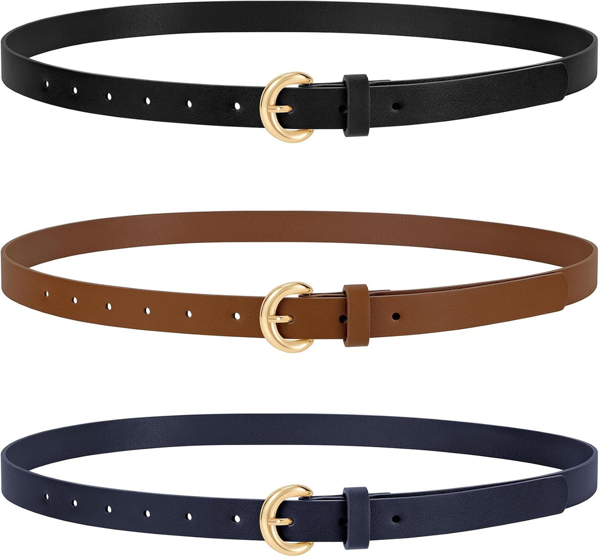 WERFORU 3 Pack Women Skinny Belt Thin Waist Belt for Women Leather Belt with Gold Buckle for Jeans Pants Dress 0.74" Width