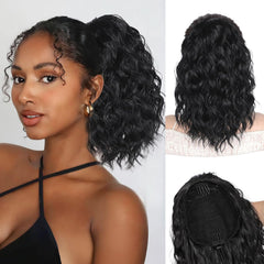 QGZ Ponytail Extension 14 Inch Drawstring Ponytail for Women Synthetic Long Curly Wavy Fluffy Clip in Ponytail Hair Extensions for Daily Halloween Use(Black Brown)