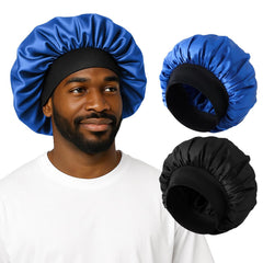 2PCS Silk Satin Bonnet for Men Sleeping, Soft Hair Cap for Locs Dreads Braids, Lightweight Night Bonnet for Curly Hair Protection (Black Silver)