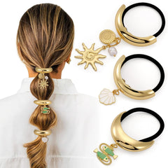 3PCS Gold Hair Ties, Metal Hair Ties for Thick Hair, Elegant Durable Geometric Design, Gold Hair Accessories Stretchy and Non-Damage Ponytail Cuff Holders, 3 Styles in Box Holiday Gifts