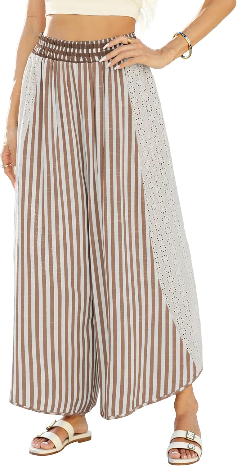 LIWEIKE Womens Summer Palazzo Pants Casual Loose Striped Wide Leg Pants Elastic Waist Lounge Trousers
