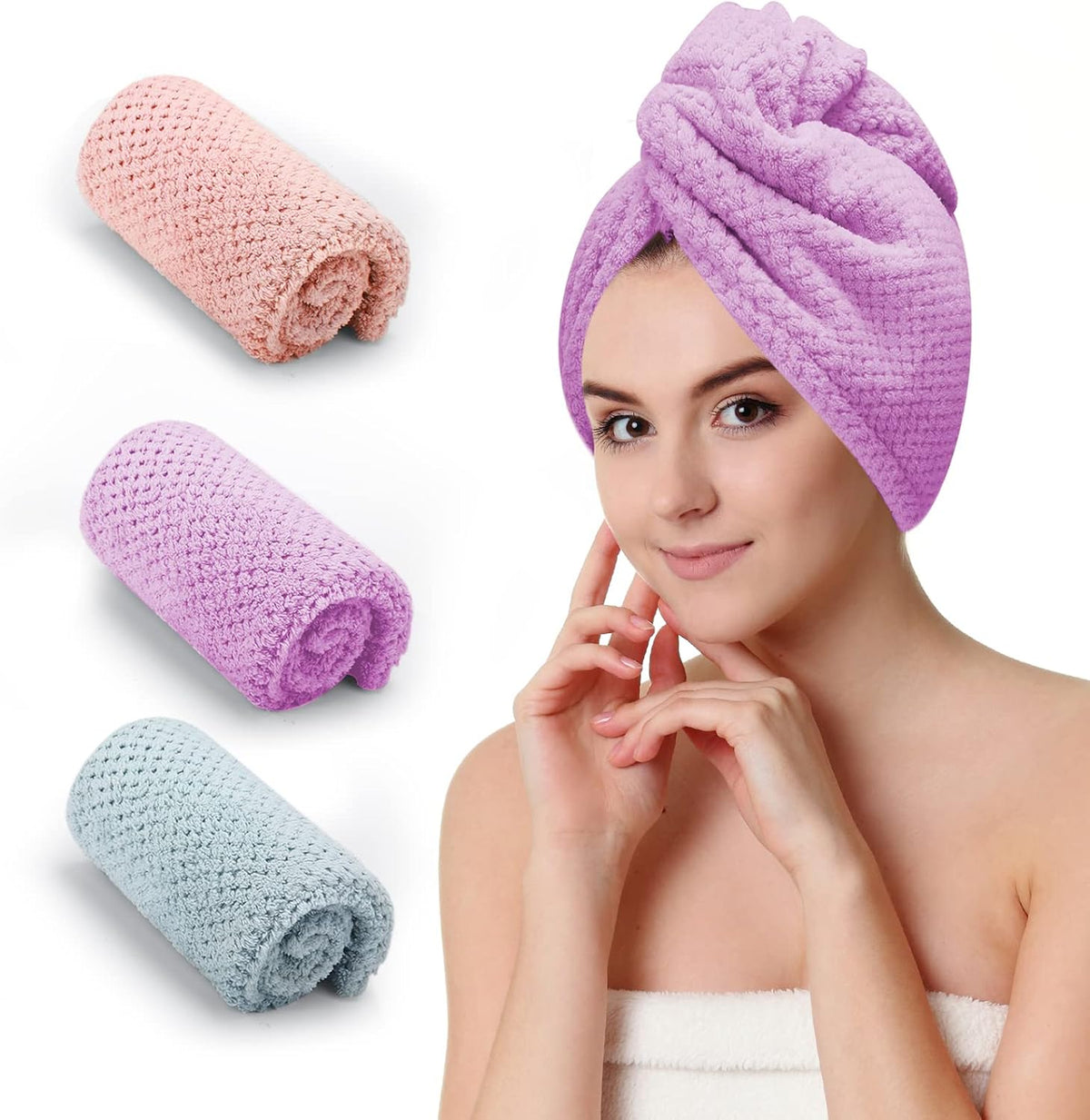 3 PCS Microfiber Hair Towel, Hair Wraps for Women Wet Hair, Fast Drying Hair Turban, Anti Frizz Head Towels Wrap for Curly Hair (Grey, Pink, Blue)