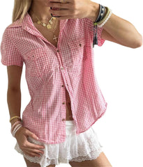 Y2k Girls Vintage Coquette Button Down Shirt Women Short Sleeve V-Neck Slim Fitted T-Shirt Cute Blouse Crop Top