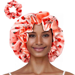 Floral Satin Bonnet with Scrunchie Set,Double Layer Ruffle Reusable Sleeping Shower Cap for Curly Hair Blue-cherry