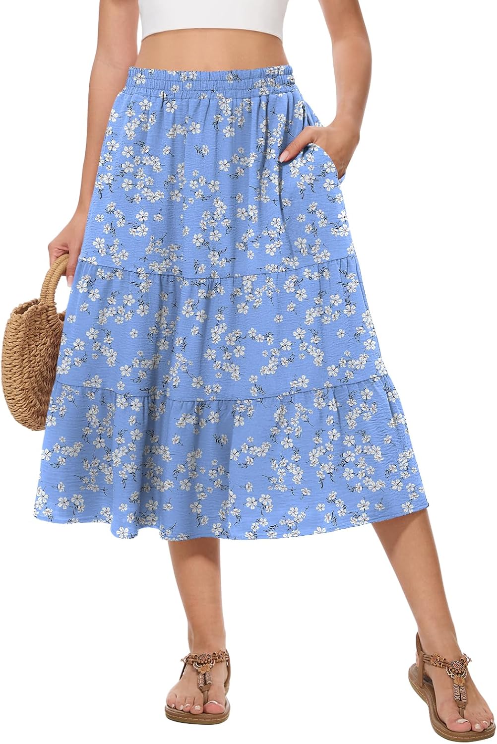 AYIFU Women's Summer Midi Skirt Tiered Flowy High Waist A-Line Elastic Ruffle Casual Skirts with Pockets