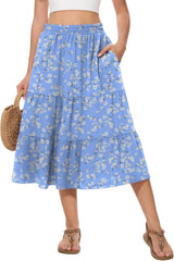 AYIFU Women's Summer Midi Skirt Tiered Flowy High Waist A-Line Elastic Ruffle Casual Skirts with Pockets