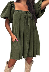 EXLURA Womens Summer Denim Short Puff Sleeve Dresses Knit Loose Plus Size Short Mini Dress 2025 Trendy Outfit