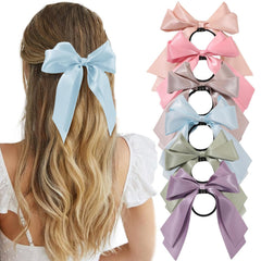 Yougeigy 6PCS Bow Hair Ties, Satin Hair Ribbon, Ribbon Hair Bows for Women Girls, Elastics Hair Scrunchies for Thick Thin Hair, Bows Hair Accessories with Long Tail, Black