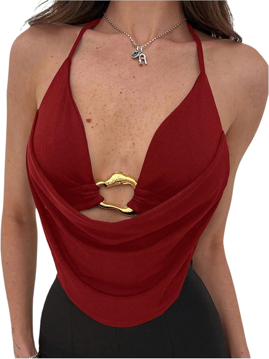 MakeMeChic Women's Sexy Halter Top Open Back Going Out Tops Cowl Neck Festival Rave Top