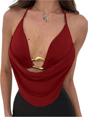 MakeMeChic Women's Sexy Halter Top Open Back Going Out Tops Cowl Neck Festival Rave Top